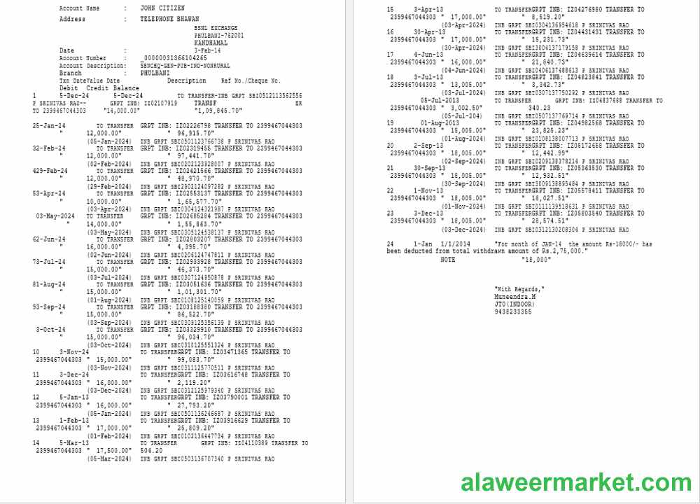 India Phulbani Bank of India statement Word and PDF example, 2 pages